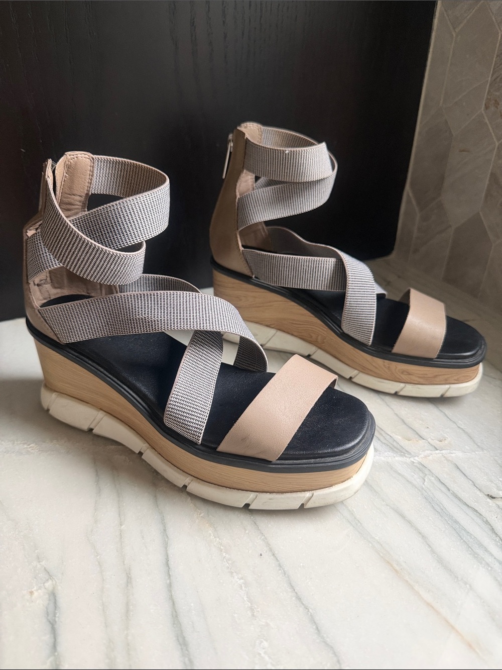 Sorel Taupe Strappy Wedge Sandals with Wood-Look Platform